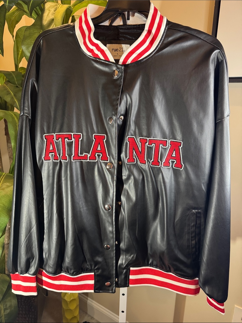 rue21 Black Faux-Leather Varsity Jacket with Red Trim size L